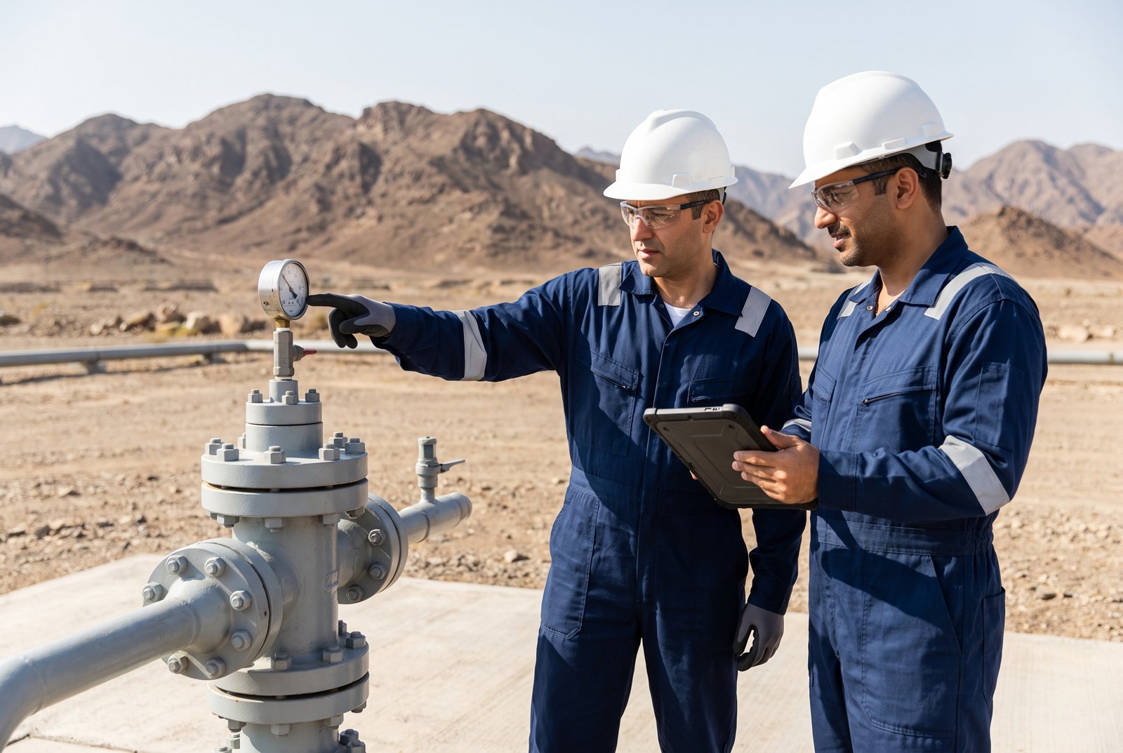 Engineers checking a wellhead in the desert