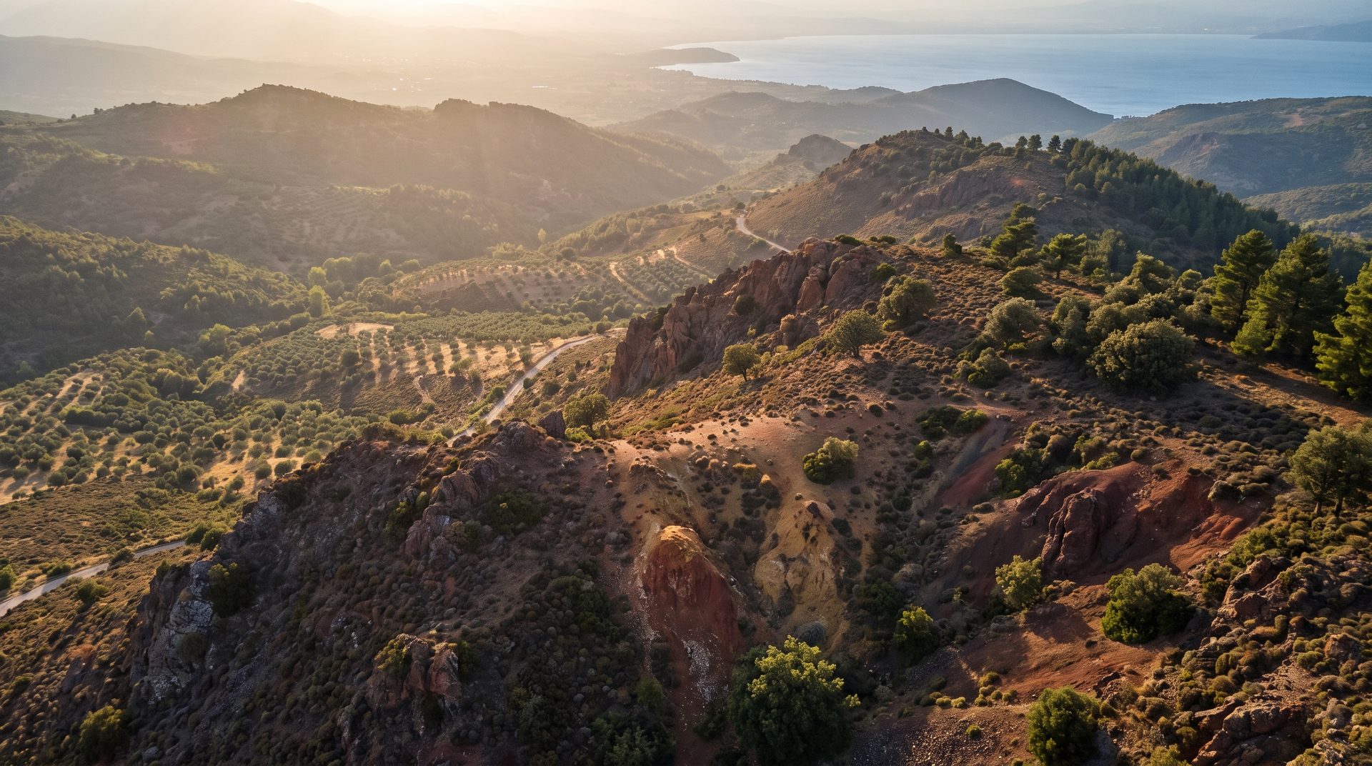 Red serpentinite slopes and olive groves