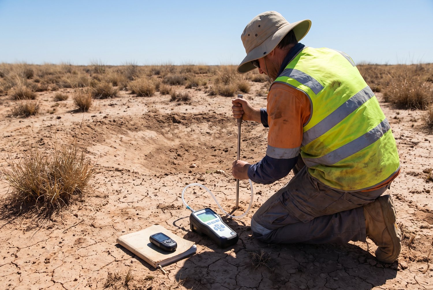 A geologist pushing a soil-gas probe into the ground with a handheld gas analyser